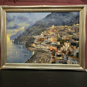Dipinto “Positano” di Vincenzo Aprile – vista frontale Dipinto ad olio “Positano” di Vincenzo Aprile, veduta frontale con cornice argentata.