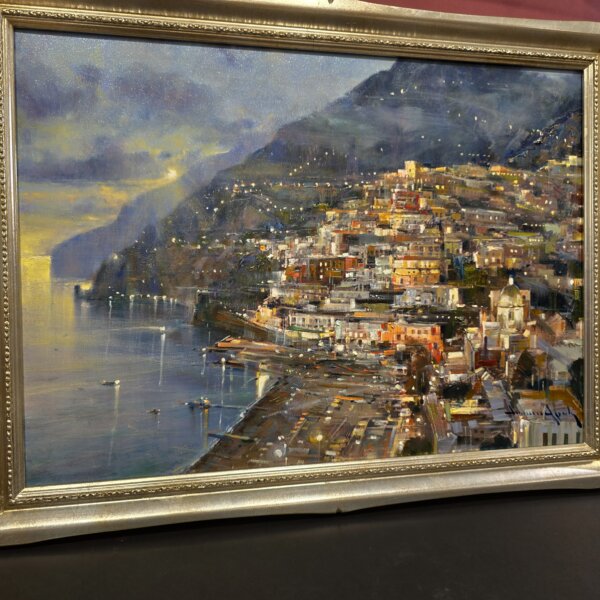 Dipinto “Positano” di Vincenzo Aprile – dettaglio panoramico Particolare del dipinto “Positano” di Vincenzo Aprile con scorcio della Costiera Amalfitana.
