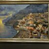 Dipinto “Positano” di Vincenzo Aprile – prospettiva laterale Vista laterale del dipinto ad olio “Positano” di Vincenzo Aprile con cornice dorata.