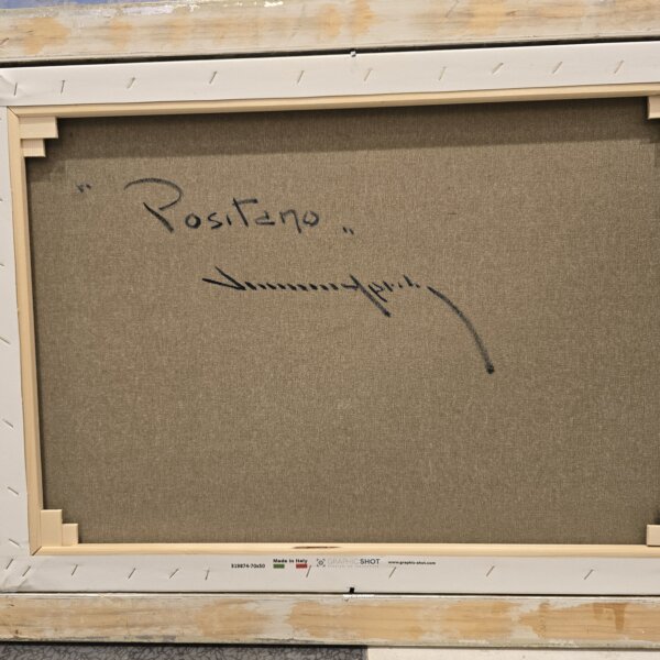 Retro del dipinto “Positano” di Vincenzo Aprile Retro della tela con titolo e firma “Positano” di Vincenzo Aprile.
