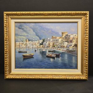 Dipinto “Forio d’Ischia” di Mario Irace, olio su tela con veduta del borgo e barche nel porto.