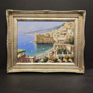 Dipinto “Posillipo” di Mario Irace, olio su tela con vista sul Golfo di Napoli e Palazzo Donn'Anna.
