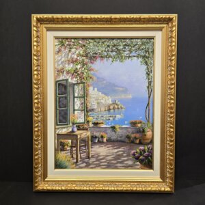 Dipinto “Terrazza Amalfitana” di Mario Irace, olio su tela con terrazza fiorita e veduta della Costiera Amalfitana.