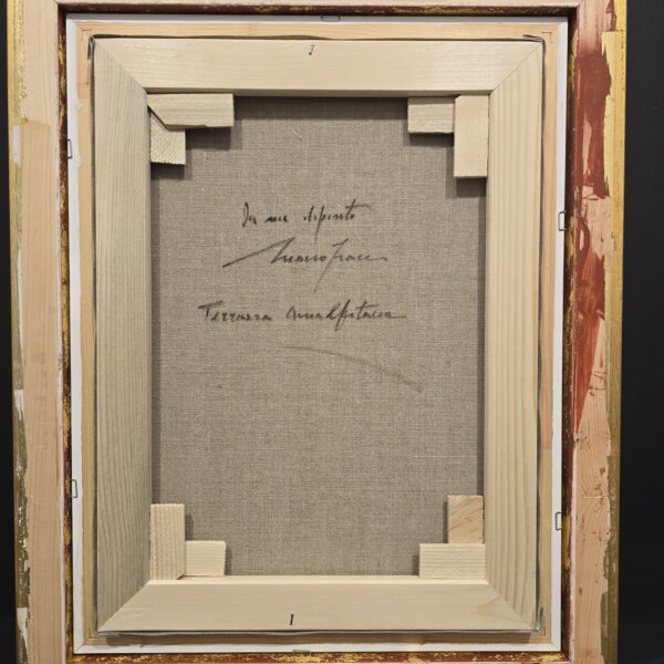 Retro dipinto Terrazza Amalfitana con firma dell’artista Mario Irace Retro del dipinto “Terrazza Amalfitana” di Mario Irace con firma autografa e titolo dell’opera.