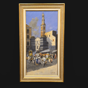 Vista frontale del dipinto “Mercato al Carmine” di Francesco Tammaro, olio su tavola con cornice dorata.