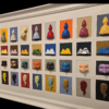 Vista angolata dell’opera “I 40 Bassorilievi”, mostra i volumi e i colori vivaci dei bassorilievi artigianali.