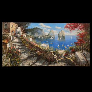 Veduta Panoramica "Capri" di Ferdinando Sapio Immagine frontale completa del dipinto "Capri" di Ferdinando Sapio, 60x120 cm, che mostra i Faraglioni.