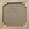 Retro del telaio in legno del dipinto, che mostra la firma autografa dell'artista "Mario Irace", il titolo "Chiostro di S. Chiara" e una dedica scritta a mano.