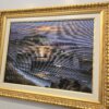 Dettaglio "Pescatori Ischitani" e cornice dorata (vista angolare dx) Vista angolare destra del dipinto di Galanti, che mostra i riflessi sull'acqua e la ricca cornice dorata intagliata.