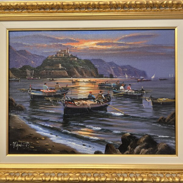 "Pescatori Ischitani" di Galanti - Immagine frontale Schermata del dipinto "Pescatori Ischitani" di Mario Galanti, vista frontale completa.