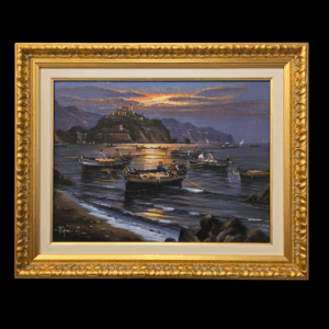 "Pescatori Ischitani" di M. Galanti - Olio 30x40 Olio su tela "Pescatori Ischitani" di Mario Galanti, raffigurante il Castello Aragonese al tramonto e barche di pescatori.