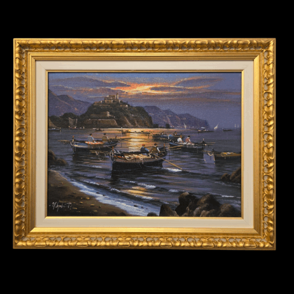 "Pescatori Ischitani" di M. Galanti - Olio 30x40 Olio su tela "Pescatori Ischitani" di Mario Galanti, raffigurante il Castello Aragonese al tramonto e barche di pescatori.