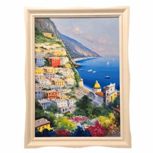 Quadro "Positano" di Iannicella con Cornice Bianca Vista frontale del quadro "Positano" di Giuseppe Iannicella, olio su tela 50x70 cm, inserito in una cornice bianca lavorata.