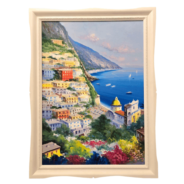 Quadro "Positano" di Iannicella con Cornice Bianca Vista frontale del quadro "Positano" di Giuseppe Iannicella, olio su tela 50x70 cm, inserito in una cornice bianca lavorata.
