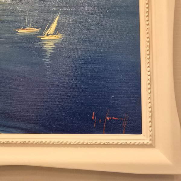 Dettaglio Firma e Mare - Dipinto di Giuseppe Iannicella Particolare dell'angolo in basso a destra del quadro, con la firma dell'artista "G. Iannicella" in rosso e le pennellate che formano le onde del mare.