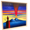 Veduta angolare del quadro con Vesuvio e San Gennaro Vista laterale del quadro che mostra lo spessore della cornice bianca moderna e i dettagli delle pennellate vivaci del cielo e del mare blu.