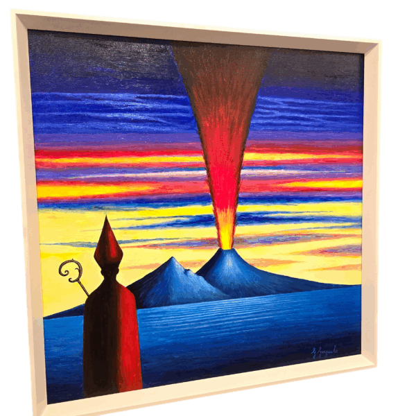 Veduta angolare del quadro con Vesuvio e San Gennaro Vista laterale del quadro che mostra lo spessore della cornice bianca moderna e i dettagli delle pennellate vivaci del cielo e del mare blu.