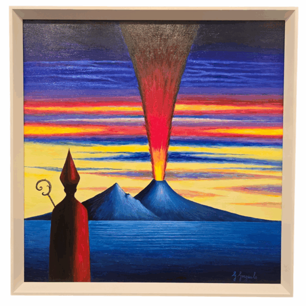 "San Gennaro PoP" - Dipinto olio su tela di Gennaro Gargiulo con cornice bianca Dipinto quadrato olio su tela raffigurante la silhouette stilizzata di San Gennaro di spalle, con mitria e pastorale, mentre osserva l'eruzione del Vesuvio sotto un cielo a strisce colorate.