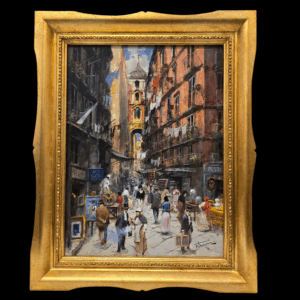 Quadro Francesco Tammaro - Veduta di San Gregorio Armeno con Cornice Vista frontale completa del quadro "San Gregorio Armeno" di Tammaro, inserito in un'elegante cornice in legno dorato sagomata.