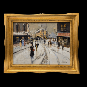 Vista frontale completa del quadro "Neve a Parigi" di Francesco Tammaro, inserito in una cornice in legno dorato sagomata.