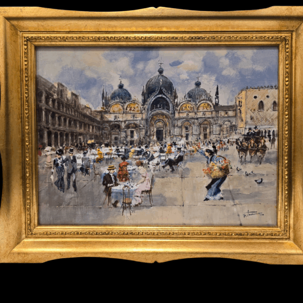 Il quadro "Caffe' in piazza San Marco" completo di cornice dorata sagomata, appeso a parete, che mostra l'intera scena veneziana.