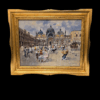 Dipinto a olio su tavola di Francesco Tammaro raffigurante Piazza San Marco a Venezia, con la Basilica sullo sfondo e i tavolini di un caffè affollati in primo piano.