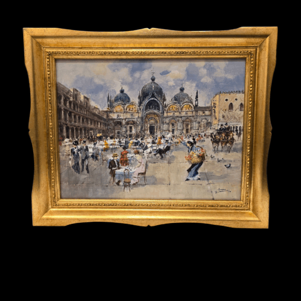 Dipinto a olio su tavola di Francesco Tammaro raffigurante Piazza San Marco a Venezia, con la Basilica sullo sfondo e i tavolini di un caffè affollati in primo piano.