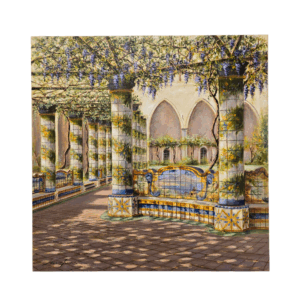 "Chiostro di Santa Chiara" - Dipinto a Olio di Mario Irace (40x40) Olio su tela 40x40 di Mario Irace raffigurante il Chiostro maiolicato di Santa Chiara a Napoli, con colonne decorate, panche in ceramica e pergolato di glicine.
