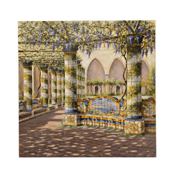 Olio su tela 40x40 di Mario Irace raffigurante il Chiostro maiolicato di Santa Chiara a Napoli, con colonne decorate, panche in ceramica e pergolato di glicine.