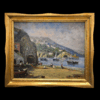 Vista frontale completa del quadro "Veduta costiera" di Eugenio Magno, inserito in una cornice dorata classica, con paesaggio marino e figure umane.