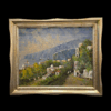 Quadro Eugenio Magno - Veduta Panoramica con Cornice Vista completa del quadro "Costiera Amalfitana" inserito in una cornice classica chiara, che mostra la profondità della scogliera e l'orizzonte marino.