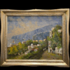 "Costiera Amalfitana" - Dipinto di Eugenio Magno (Vista Frontale) Dipinto a olio su tavola di Eugenio Magno raffigurante un paesaggio della Costiera Amalfitana, con un sentiero alberato, cupole di chiese e il mare sullo sfondo con barche a vela.