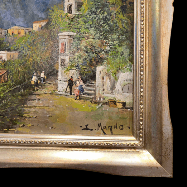 Dettaglio Firma E. Magno e Sentiero Costiero Particolare dell'angolo in basso a destra dell'opera, che evidenzia la firma dell'artista "E. Magno", le pennellate materiche della vegetazione e piccole figure umane sul sentiero.