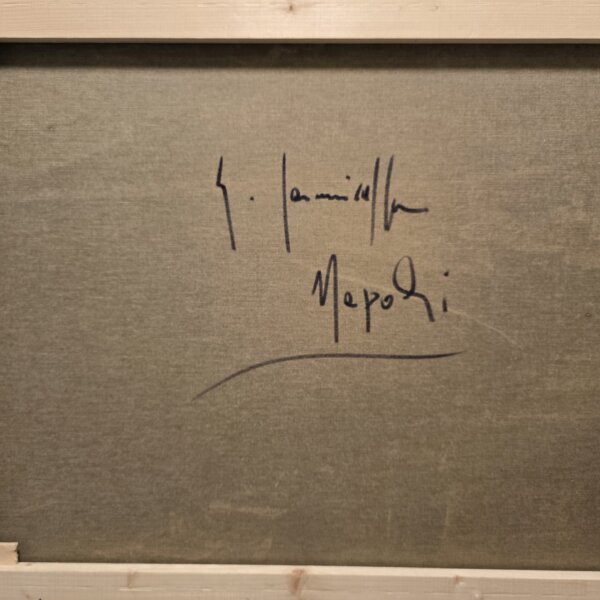 Retro del telaio in legno del quadro, che mostra la firma autografa dell'artista "G. Iannicella" e il titolo "Napoli" scritti a mano sulla tela grezza.