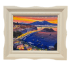 "Napoli" - Dipinto Completo con Cornice Bianca Vista frontale del quadro a olio 34x40 di Giuseppe Iannicella, raffigurante il panorama di Napoli di giorno con il Vesuvio e il mare blu, in cornice bianca.