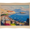 Dettaglio del dipinto che evidenzia la profondità del Golfo di Napoli, le barche nel porto di Mergellina e il Castel dell'Ovo visti dall'alto.