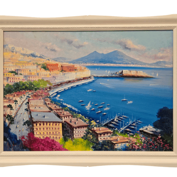 Dettaglio del dipinto che evidenzia la profondità del Golfo di Napoli, le barche nel porto di Mergellina e il Castel dell'Ovo visti dall'alto.