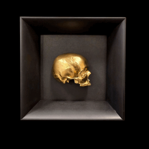 Immagine frontale del quadro "'A capuzzell", che mostra il teschio d'oro posizionato al centro della cornice a cassetta nera opaca.