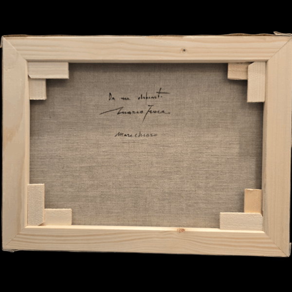 Retro del telaio in legno con firma autografa di Mario Irace e iscrizione del titolo "Marechiaro" sulla tela grezza, a garanzia dell'autenticità.