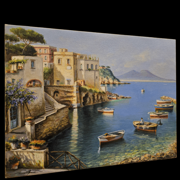 Vista angolata del dipinto a olio su tela di Mario Irace che mostra la profondità del telaio e la veduta delle case di Marechiaro.