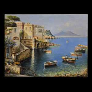 Vista frontale dipinto Mario Irace olio su tela Marechiaro Veduta frontale completa del quadro raffigurante il borgo di Marechiaro, le barche, il mare e il Vesuvio sullo sfondo, in stile vedutista napoletano.