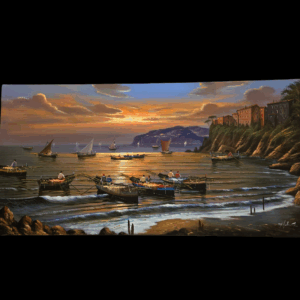 Veduta frontale completa del dipinto a olio panoramico raffigurante il tramonto sulla costiera sorrentina con barche di pescatori, mare calmo e cielo nuvoloso color arancio e azzurro.
