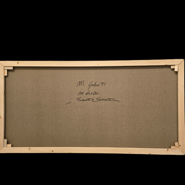 Retro telaio con autentica e titolo dell'opera Retro del dipinto che mostra il telaio in legno e la tela grezza con scritte a pennarello nero: la firma "M. Galanti", le misure "cm 60x120" e il titolo "Tramonto a Sorrento".