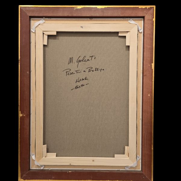 Retro telaio con firma e titolo "Pescatori a Posillipo" Retro del dipinto che mostra il telaio in legno e la scritta a pennarello nero sulla tela grezza: "M. Galanti - Pescatori a Posillipo - Napoli - 50x70".