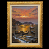 Dettaglio cornice dorata e dipinto Posillipo Vista ravvicinata del quadro che mostra la lavorazione intagliata della cornice dorata e i dettagli delle pennellate sul cielo nuvoloso e sul Vesuvio sullo sfondo.