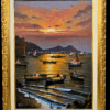 Quadro con cornice "Pescatori a Posillipo" di Mario Galanti Dipinto a olio su tela in formato verticale raffigurante il Golfo di Napoli e il Vesuvio al tramonto, incorniciato in una ricca cornice dorata. In primo piano barche di pescatori sulla riva.
