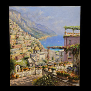 Quadro a olio su tela raffigurante il panorama di Positano con case colorate, la cupola della chiesa e il mare, visto da una terrazza fiorita.