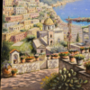 Dettaglio Positano Mario Irace Chiesa e Terrazza Primo piano del dipinto che mostra i dettagli della cupola di Santa Maria Assunta, le case arroccate e i vasi di fiori sulla terrazza in primo piano.