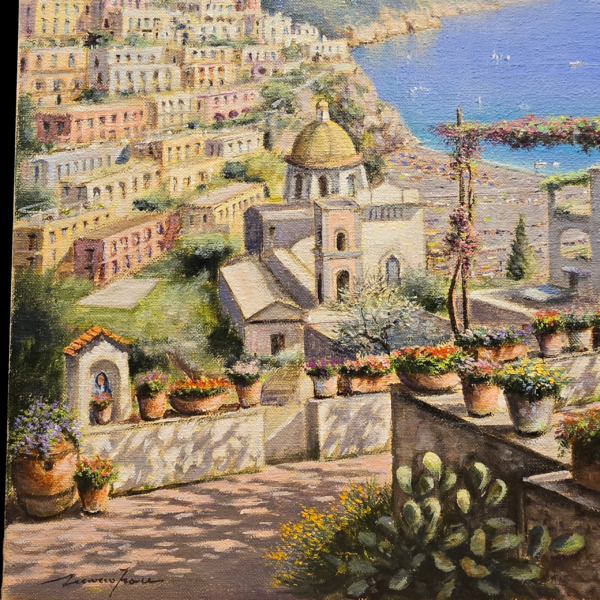 Dettaglio Positano Mario Irace Chiesa e Terrazza Primo piano del dipinto che mostra i dettagli della cupola di Santa Maria Assunta, le case arroccate e i vasi di fiori sulla terrazza in primo piano.