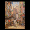 Dipinto La strada dei pastori di G. Odierna veduta frontale Quadro olio su tela di G. Odierna intitolato La strada dei pastori, raffigurante Pulcinella e musici in un vicolo di Napoli.